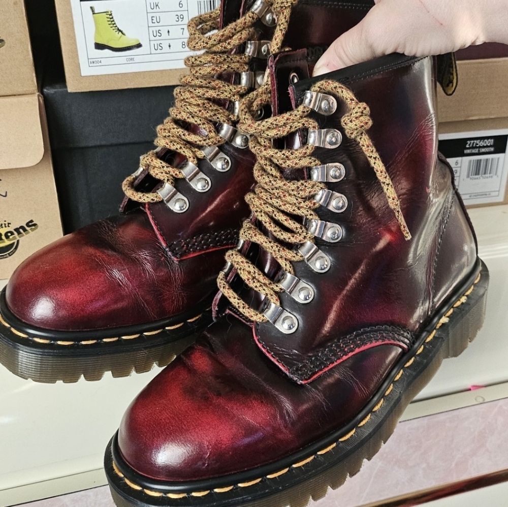 Made In England Dr. Martens Burgundy and Black Leather Boots